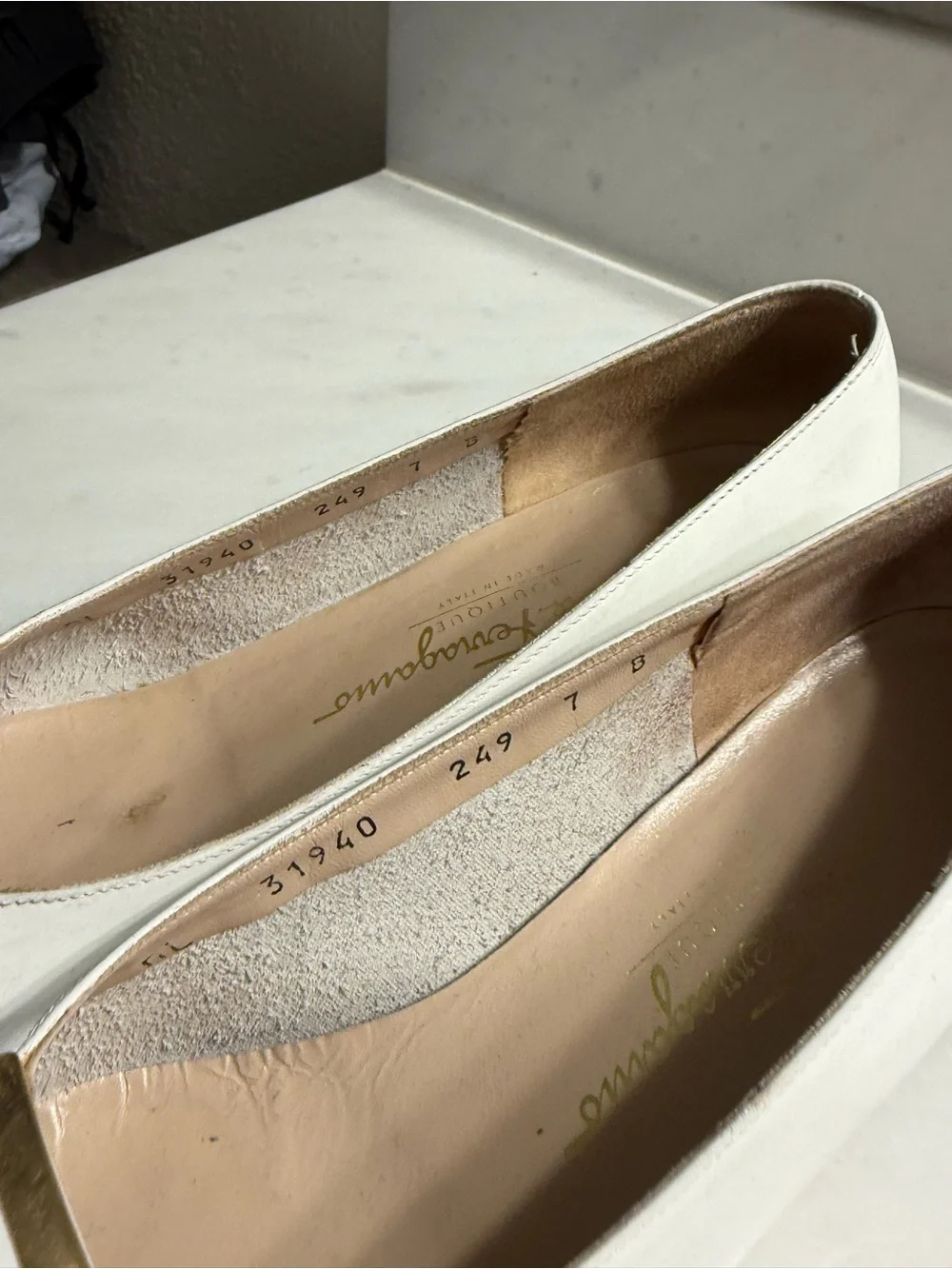Salvatore Ferragamo White Leather Flats with Gold Striped Accent